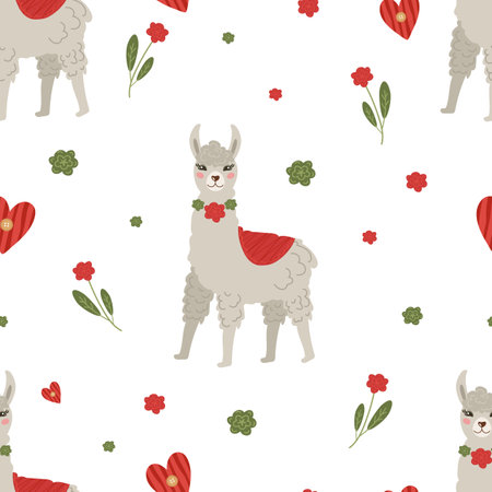 Seamless pattern for Valentine's Day with llama, flowers and hearts. Vector background for the decoration of the holiday on February 14, printing on paper, fabric, scrapbooking.のイラスト素材