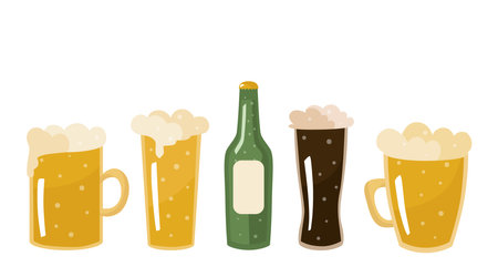 Beer in different types of mugs, glasses and in a bottle. Vector illustration isolated on a white background. For design or decorationのイラスト素材