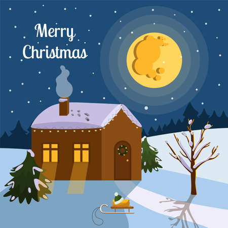 Merry Christmas. New year's card, banner poster. Nice, cozy house in the woods, big moon. vector illustration.のイラスト素材