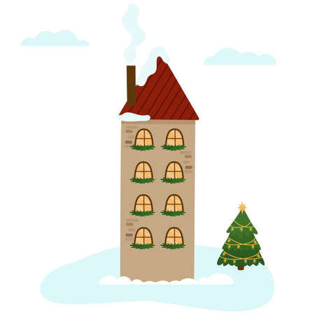 A cozy winter house with four floors, decorated with fir garlands for Christmas. A festive winter city. Vector illustration for design, decor, postcards.のイラスト素材