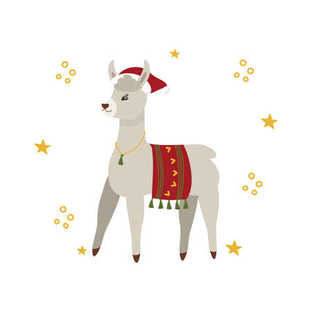Christmas and New Year's card with a gray llama in a red cap. Vector clipart, isolated illustrationのイラスト素材