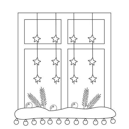 Cozy Christmas window decorated coloring book for kids. Garland and branches of spruce. Vector christmas linear illustrationのイラスト素材