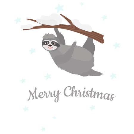 Merry Christmas, a postcard with a sloth on a tree and an inscription. Vector illustration for design and decor, bannerのイラスト素材