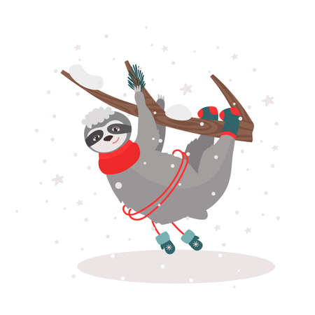 Christmas card with a sloth on a tree in warm winter clothes, scarf, mittens, socks. Vector illustration for design and decor, bannerのイラスト素材