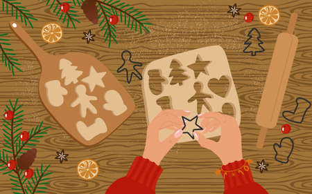 Baking Christmas cookies top view, flatley concept. Women's hands on the table with dough, molds, flour, a board and decor. Cones, poinsettia, berries, fir branches, sugar cane. vector illustration.のイラスト素材