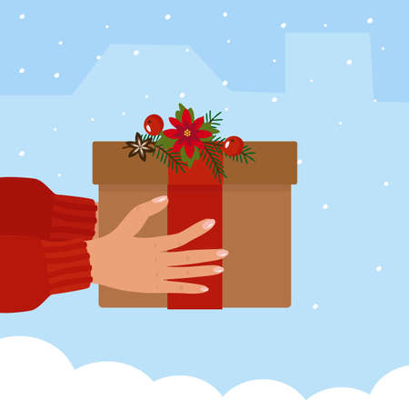 Giving gifts for Christmas is a concept. The hands of a woman with a festive box. Vector winter illustration on a snowy background, for postcards, internet, banners.のイラスト素材