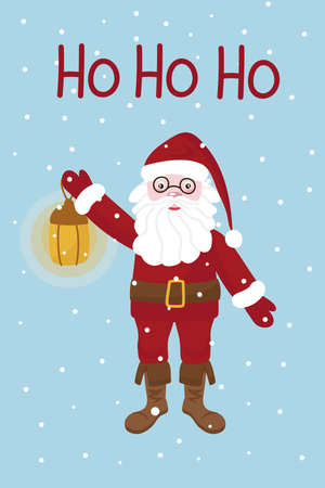 Christmas card Ho Ho Ho with Santa Claus, in traditional clothes and a red hat. He holds a lantern in his hand. Snow is falling. Vector hand-drawn illustration.のイラスト素材