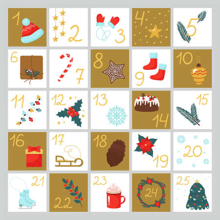 Christmas Advent calendar. Dates from the first to the 25th on postcards with New Year's pictures. Vector festive illustration of the December diary.のイラスト素材