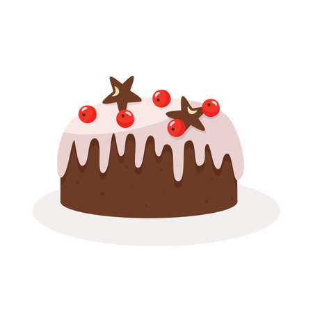 A festive cupcake decorated with red berries, icing and stars. Cute, cozy vector illustration. For a...