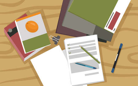 Workspace of an office worker's desktop is a top view. Papers, letterheads, notepad, folders, pen,...