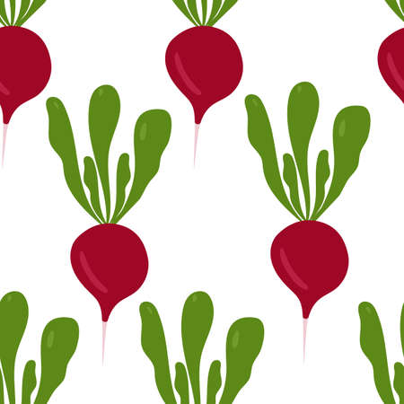 Seamless pattern with vegetables, radishes on a white background. Vector illustration for printing on clothing, textiles, paper, fabric, packaging.のイラスト素材