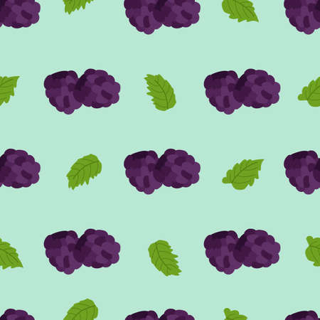 Seamless pattern with large blackberries and mint leaves on a blue background. Botanical vector illustration for printing on clothing, textiles, paper, fabric, packaging.のイラスト素材