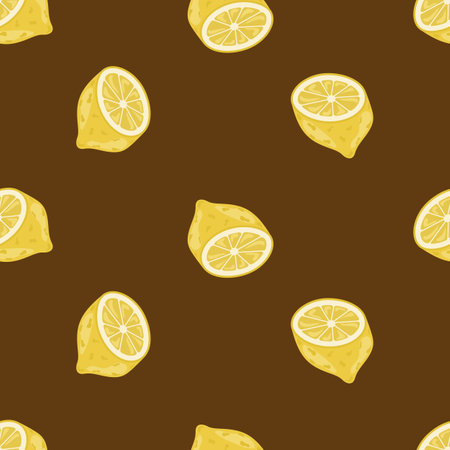 Seamless pattern with large fruits of lemon halves on a brown background. Botanical vector illustration for printing on clothing, textiles, paper, fabric, packaging.のイラスト素材