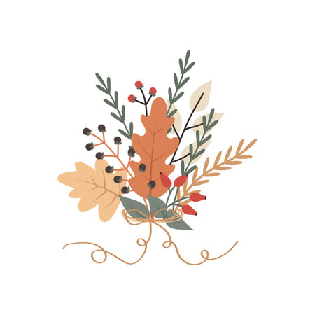 Autumn bouquet of leaves, twigs and berries tied with a ribbon. Vector illustration of falling for postcard design, invitation and decorのイラスト素材