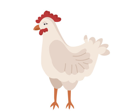 Cute chicken with a beak and a red tuft in cartoon style. Vector character of a bird from a farm isolated on a white background.のイラスト素材
