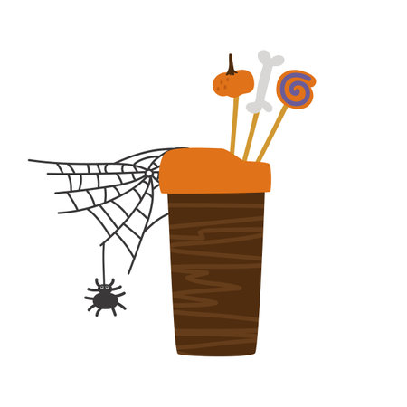 A paper cup of coffee for Halloween with lollipops and cobwebs. Vector thematic illustration isolated for falling design and decor.のイラスト素材