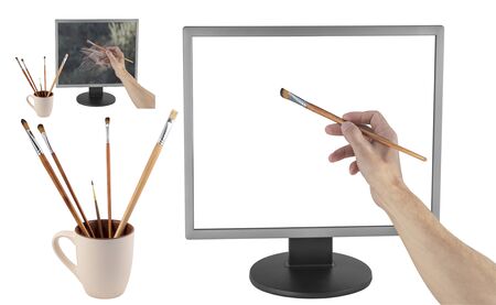 Drawing on the monitor on a white backgroundの写真素材