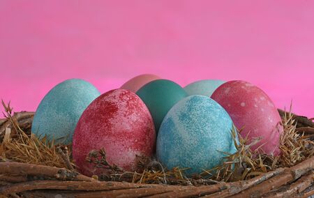 Multi-colored Easter eggs in the nestの写真素材