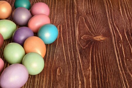 Easter eggs on a wooden backgroundの写真素材