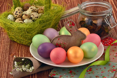 Easter eggs on a wooden backgroundの写真素材