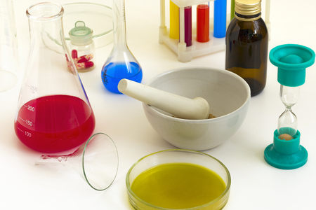 tubes and other items on a table in a laboratoryの写真素材