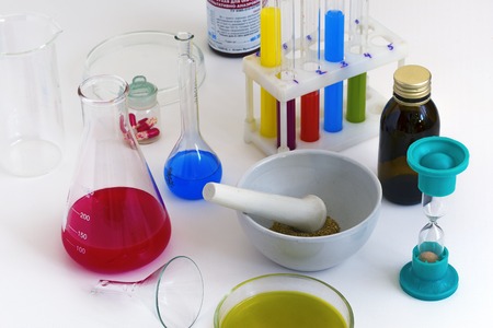 tubes and other items on a table in a laboratoryの写真素材