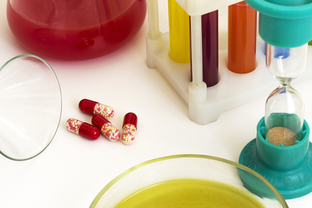 tubes and other items on a table in a laboratoryの写真素材