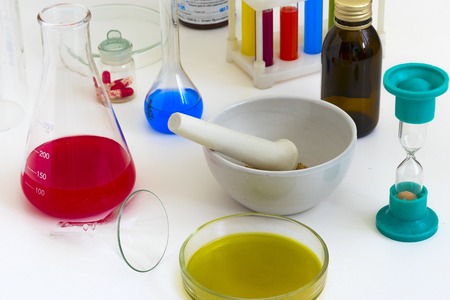 tubes and other items on a table in a laboratoryの写真素材
