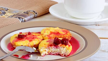 Cottage cheese pancakes. Homemade traditional cakes from cottage cheese.の写真素材