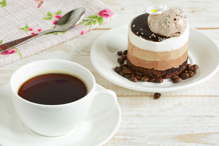 Chocolate cake on plate on table. Homemade chocolate Cakeの写真素材