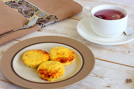 Cottage cheese pancakes. Homemade traditional cakes from cottage cheese.の写真素材