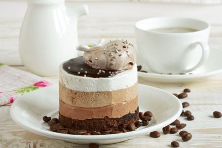 Chocolate cake on plate on table. Homemade chocolate Cakeの写真素材