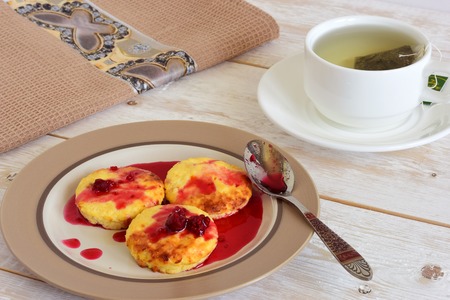 Cottage cheese pancakes. Homemade traditional cakes from cottage cheese.の写真素材
