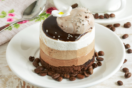 Chocolate cake on plate on table. Homemade chocolate Cakeの写真素材