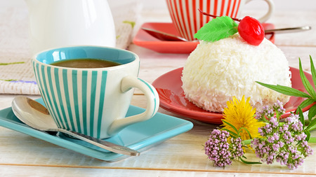 Cup of hot coffee on the table close-upの写真素材