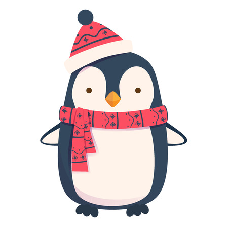 Penguin cartoon illustration. Penguin in scarf and hatのイラスト素材