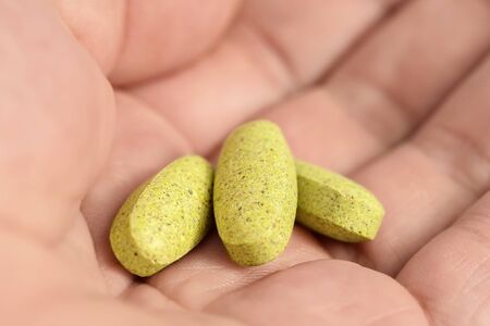 Herbal pills in hand. Herbal supplement in capsules.の写真素材
