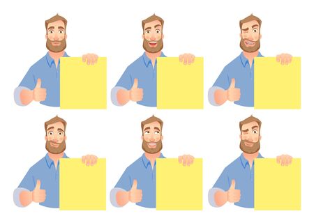 Man holding blank papers. Vector set. Man showing thumbs up with blank boardのイラスト素材
