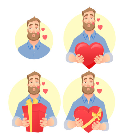Man in love. Vector set. Young man sent air kiss. Give a gift conceptのイラスト素材