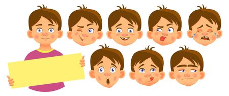 Boy holding blank poster. Set vector illustrationのイラスト素材