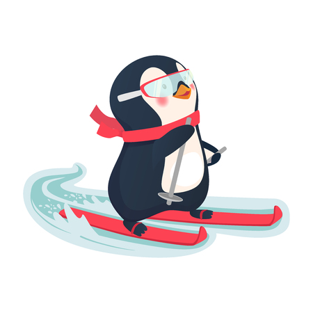 Penguin riding on skis on snow. Penguin cartoon vector illustration.のイラスト素材