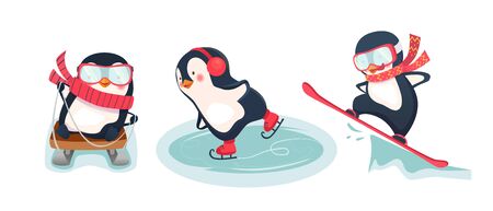 Leisure activities in winter. Winter sports illustration. Active penguins setの写真素材