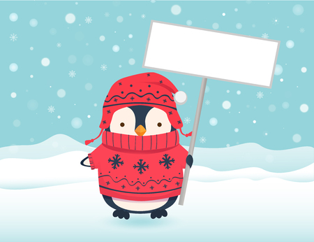 Penguin holding sign. Penguin cartoon vector illustration.のイラスト素材