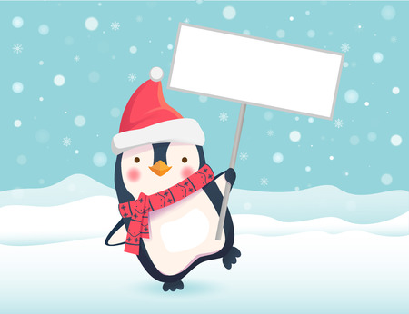 Penguin holding sign. Penguin cartoon vector illustration.のイラスト素材