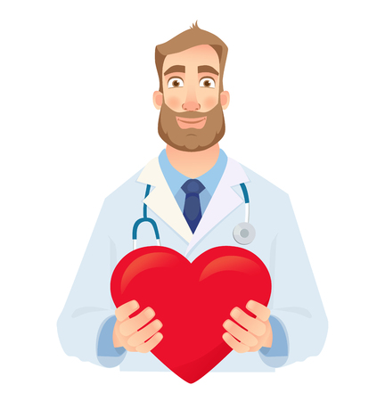 Doctor holding red heart. Cardiology concept vector illustration.のイラスト素材