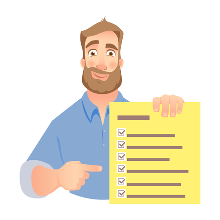 Man holding checklist. Businessman points to check list. Vector