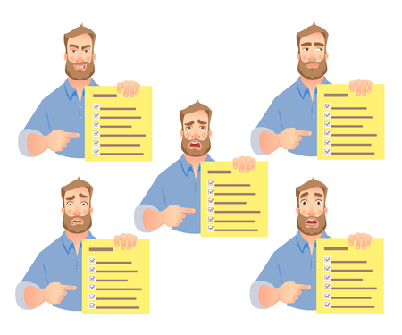 Man holding checklist. Businessman points to check list. Vector set.のイラスト素材
