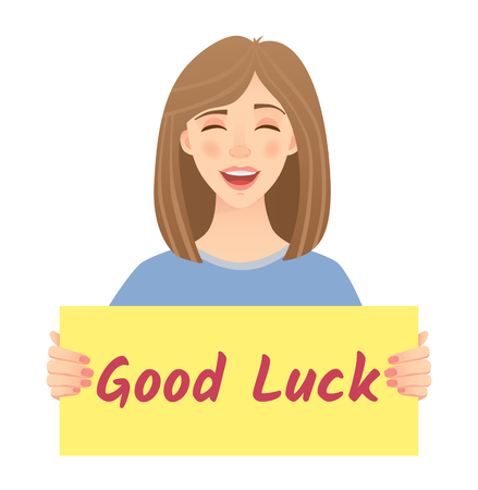 woman holding sign good luckのイラスト素材