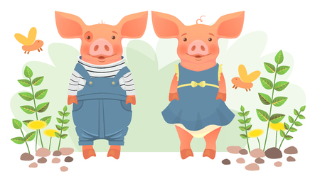 Concept of friendship and love. Two pigs in clothes. Vector illustrationのイラスト素材