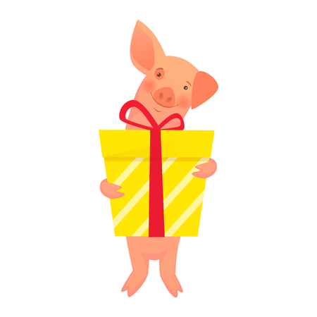 Piglet is holding a gift. Happy chinese new year 2019. Pig zodiac symbol vector illustrationのイラスト素材